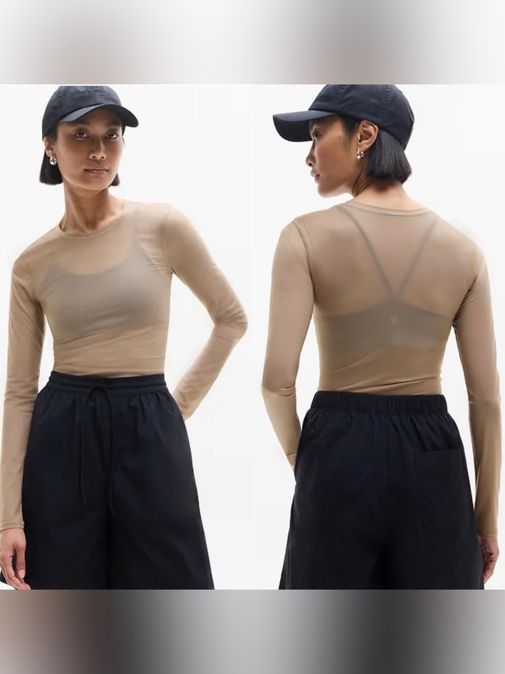 Athleta Apero Mesh Long Sleeve Top Brownstone Beige Size Medium NWT